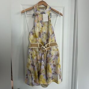 Zimmermann Pop Floral backless halter linen romper with Belt NWT